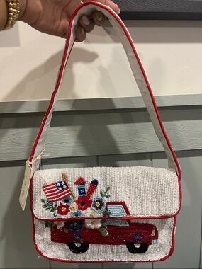 Beaded Red Truck Shoulder Bag with Patriotic Floral Embroidery